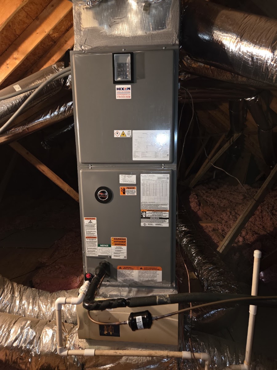 A newly installed Hixon HVAC system in a Grayson-area attic