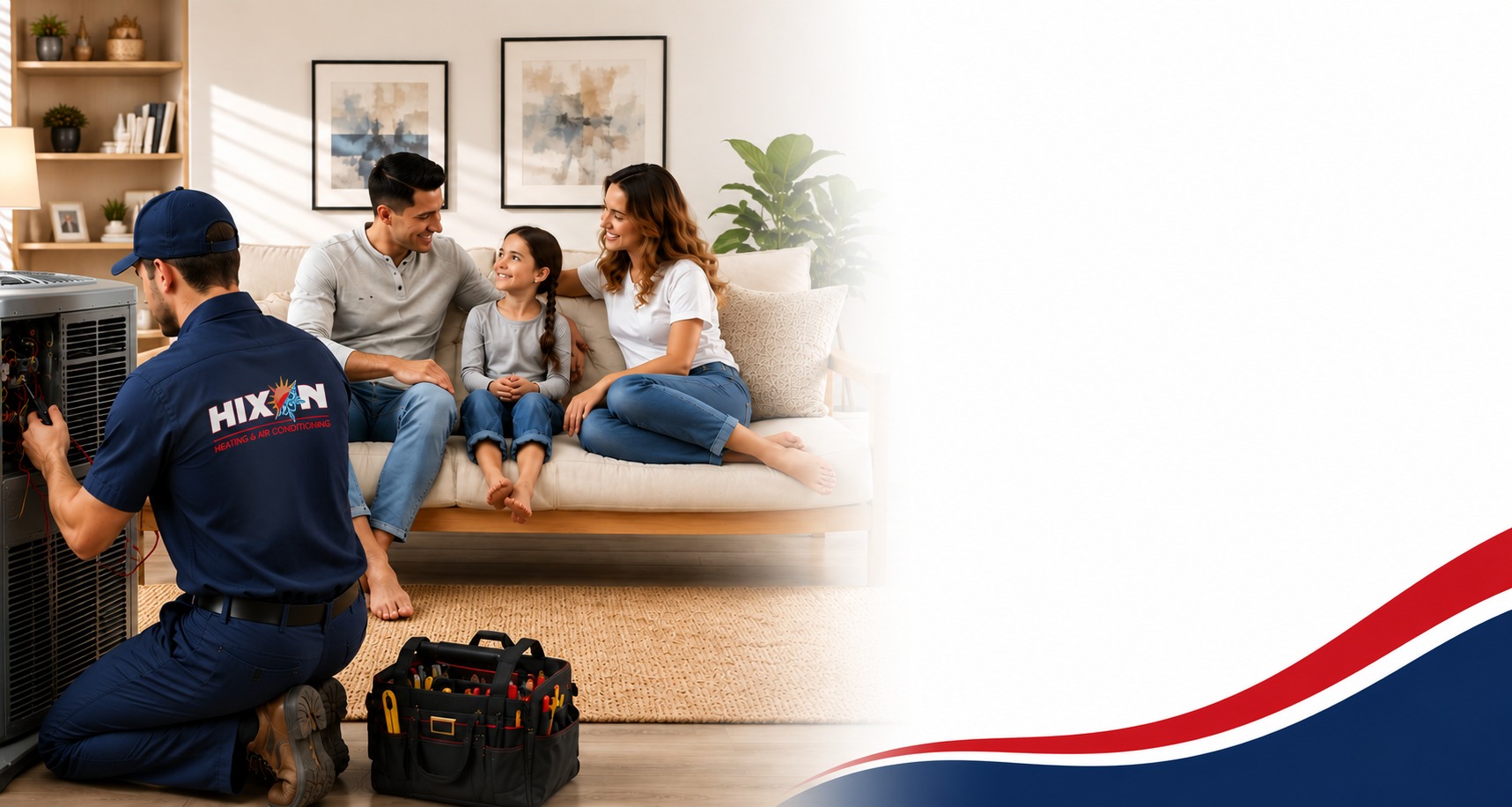 Hixon Heating & Air Conditioning technician servicing a residential AC unit while a happy Grayson, GA family relaxes at home